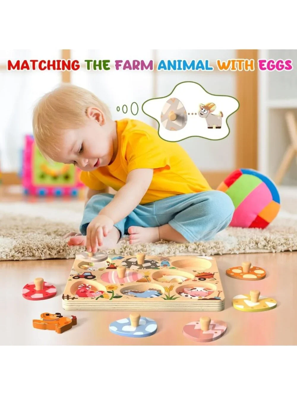 Easter Wooden Farm Animal Puzzles for Toddlers, 8-Pc Montessori Educational Toys